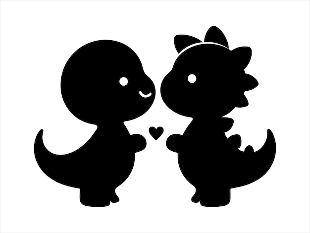 Vector cute baby dinosaur couple silhouette with flower