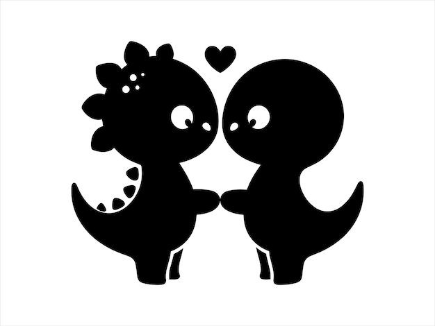 Vector cute baby dinosaur couple silhouette with flower