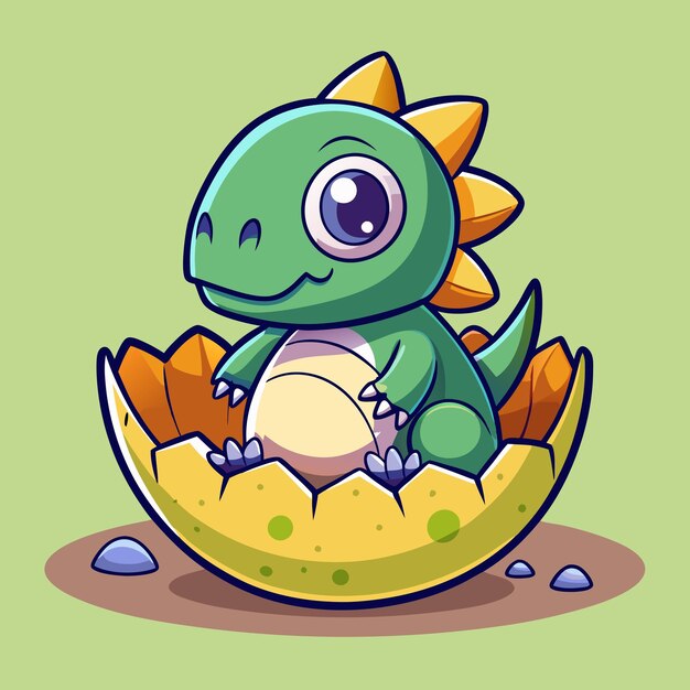 Vector cute baby dinosaur with cracked egg shell cartoon vector illustration