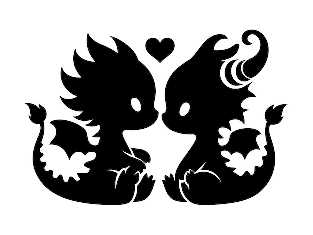 Cute Baby Dragon Couple Silhouette Dragon Couple Silhouette Vector Illustration