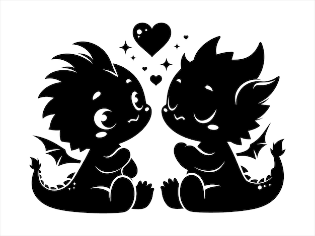 Cute Baby Dragon Couple Silhouette Dragon Couple Silhouette Vector Illustration