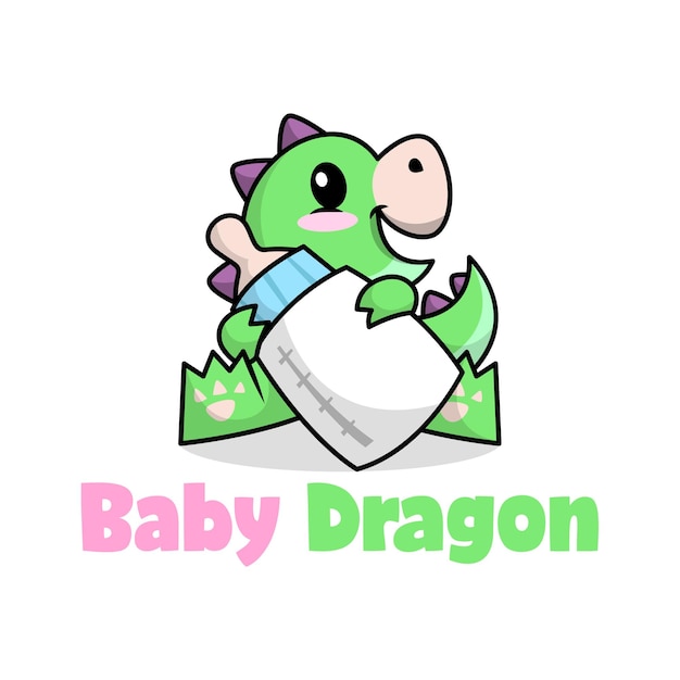 A CUTE BABY DRAGON IS BRINGING A BIG BOTTLE OF MILK PREMIUM CARTOON LOGO