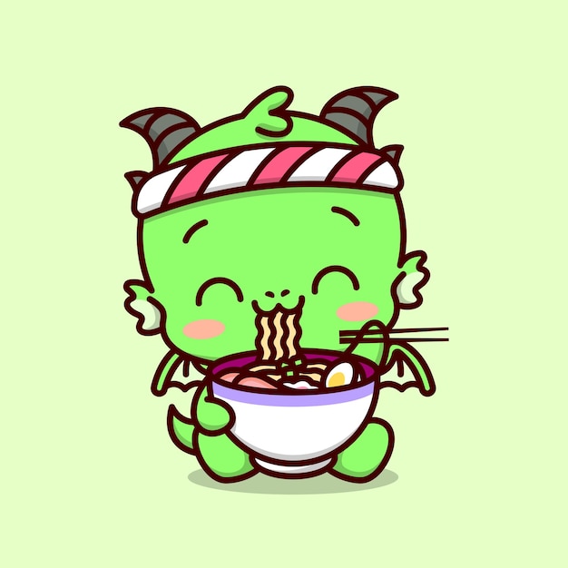 CUTE BABY DRAGON WEARING JAPANESE HEADBAND AND EATING A BIG BOWL OF RAMEN