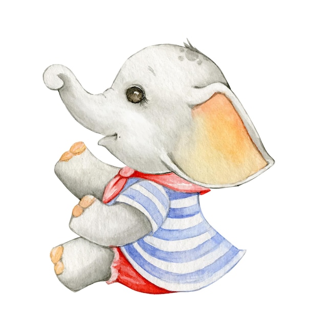 Cute baby elephant in a blue dress Watercolor animal clip art in cartoon style