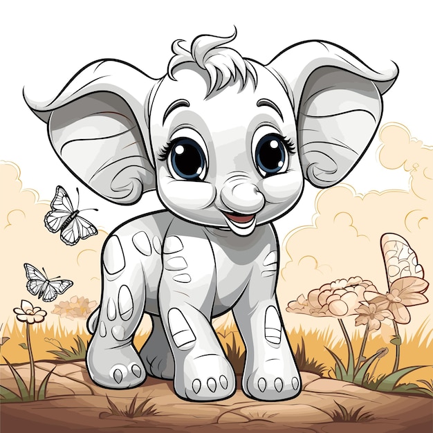 Cute baby elephant and butterfly outline drawing vector illustration