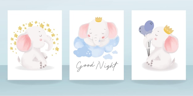 Cute baby elephant card set hand drawing watercolor Nursery animal with balloon and star