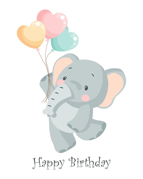 Cute baby elephant character with heart shaped balloons Happy birthday card kids illustration