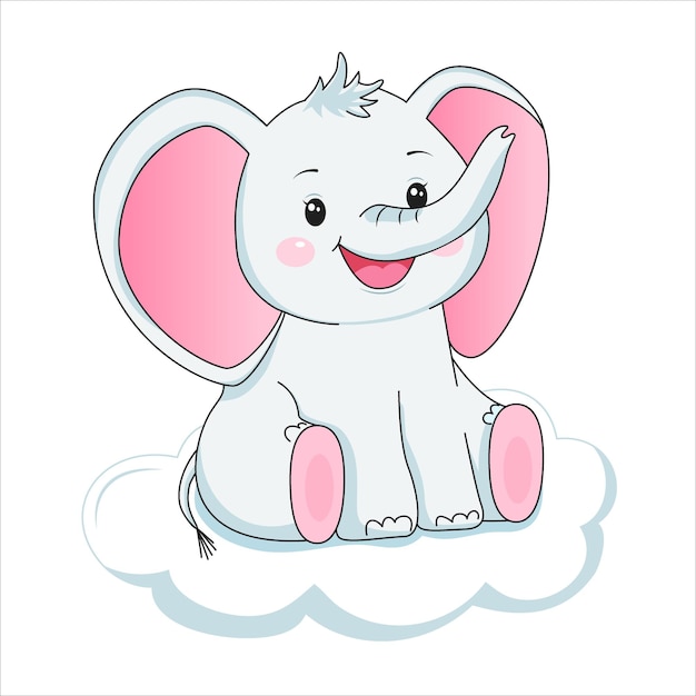 Cute baby elephant on cloud. Design element for baby shower card, scrapbooking, invitation, nursery, poster. Isolated on white background. Vector illusrtation