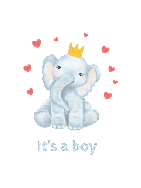 Cute baby elephant in a crown surrounded by hearts postcard for the birth of a child, watercolor