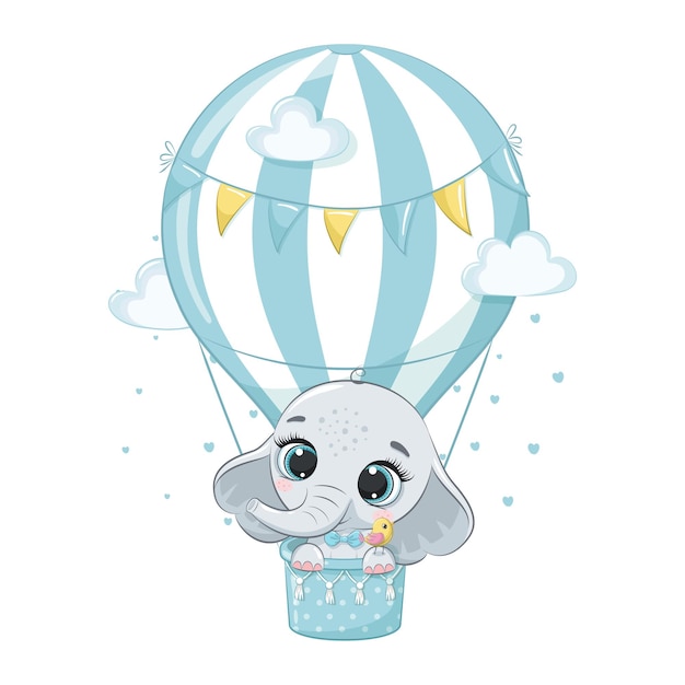 Cute baby elephant flying in a hot air balloon cartoon illustration