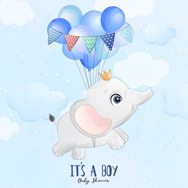 Cute baby elephant flying with balloon illustration