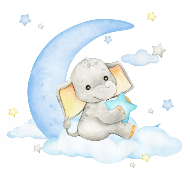 A cute baby elephant is holding a blue star sitting in the clouds against moon