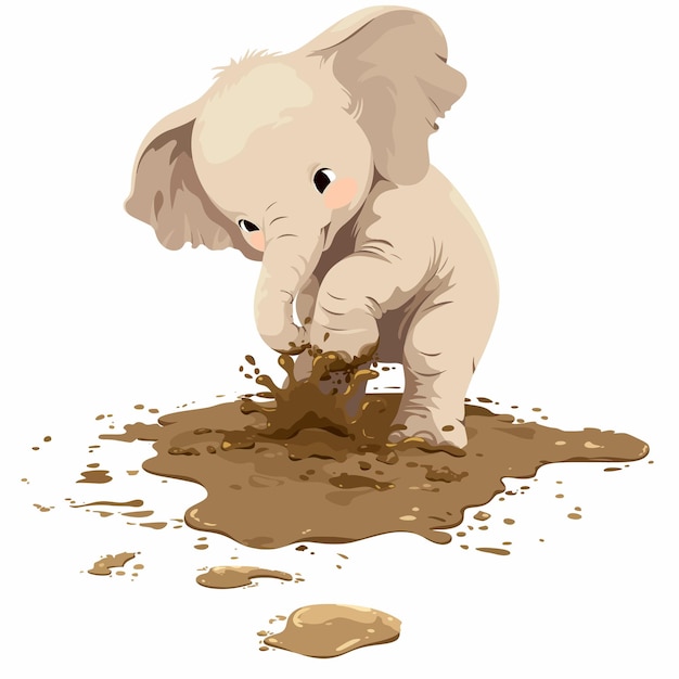 Vector cute baby elephant splashing in mud vector illustration with white background