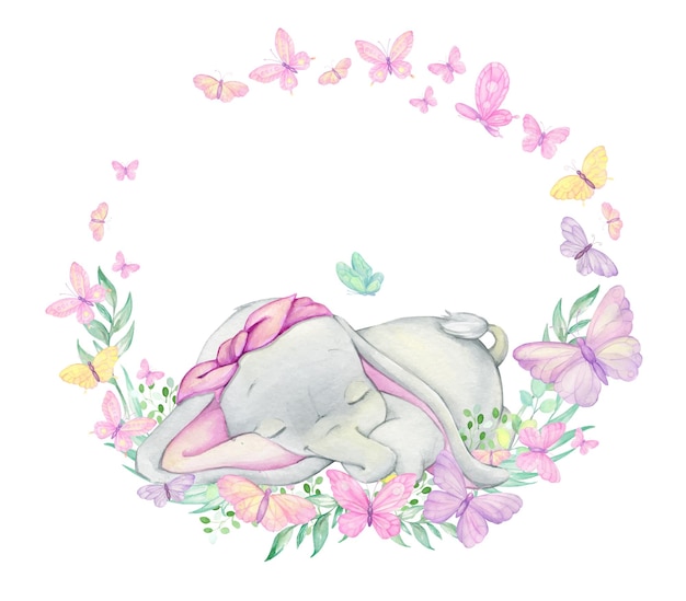 Cute baby elephant, surrounded by butterflies and plants, sleeping. 