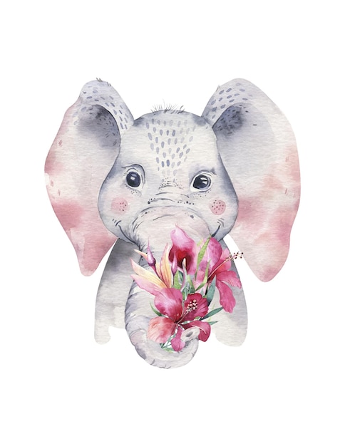 Cute baby elephant watercolor illustration African baby animal Tropical kids portrait