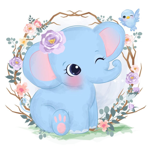 Cute baby elephant in watercolor style for nursery decoration