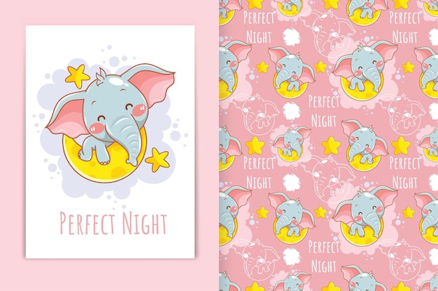 cute baby elephant with moon and little star cartoon illustration and seamless pattern set