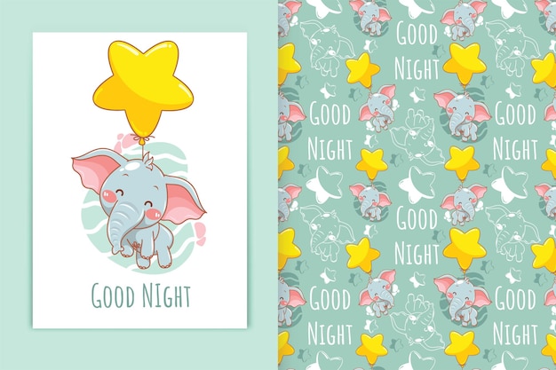 cute baby elephant with star balloon cartoon illustration and seamless pattern set