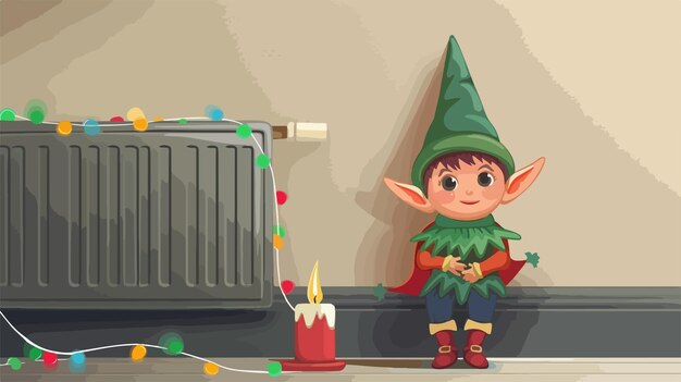 Vector cute baby elf costume drying near light on electric radiator