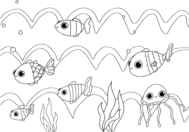 Cute baby fish, jellyfish, waves, ocean, doodle coloring book isolated. Hand drawn sketch sea.