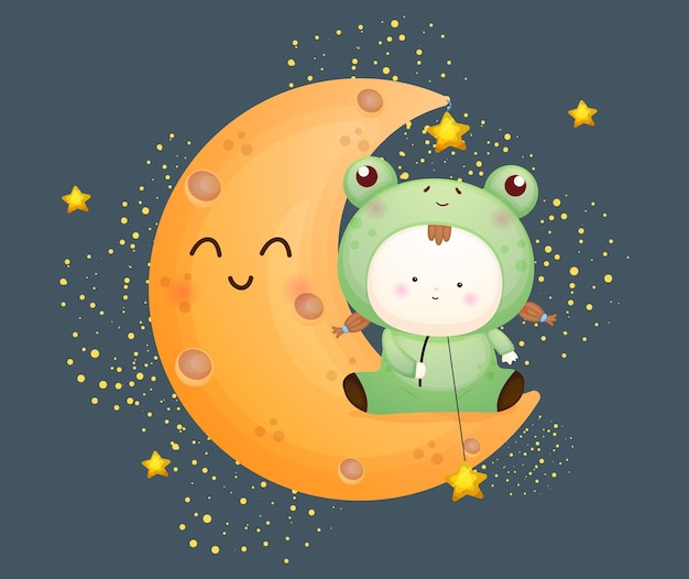 Cute baby in frog costume sit on the moon. Mascot cartoon illustration Premium Vector