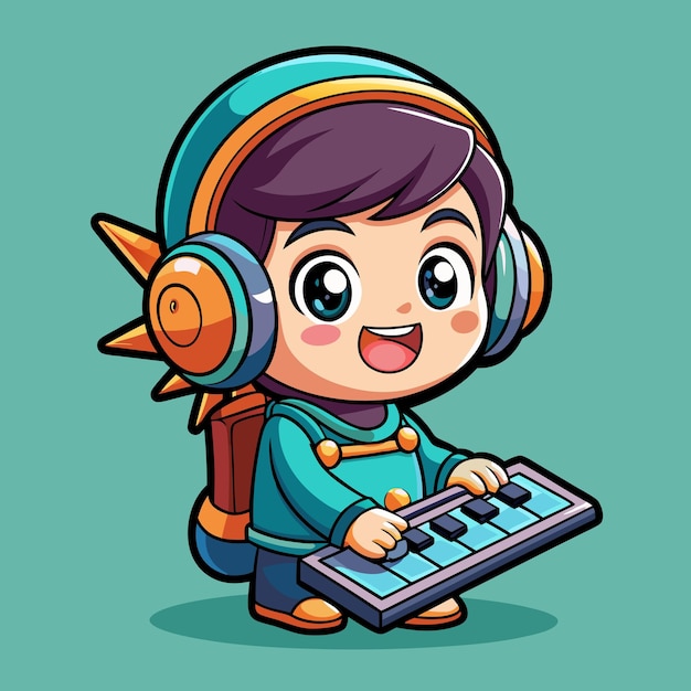 Cute Baby Gamer Holding Keyboard With Headphone Cartoon Vector Icon Illustration