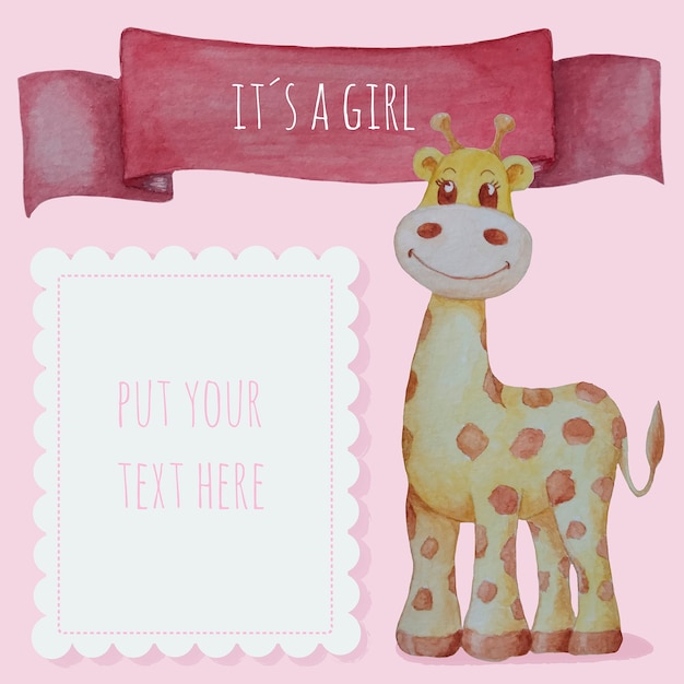 Cute baby girl background in watercolor with giraffe