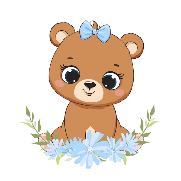 Cute baby girl bear with flowers and bow vector illustration in cartoon style