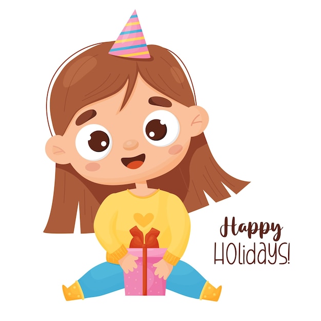 Cute baby girl in birthday hat sitting with gift box and inscription Happy holidays Cartoon style