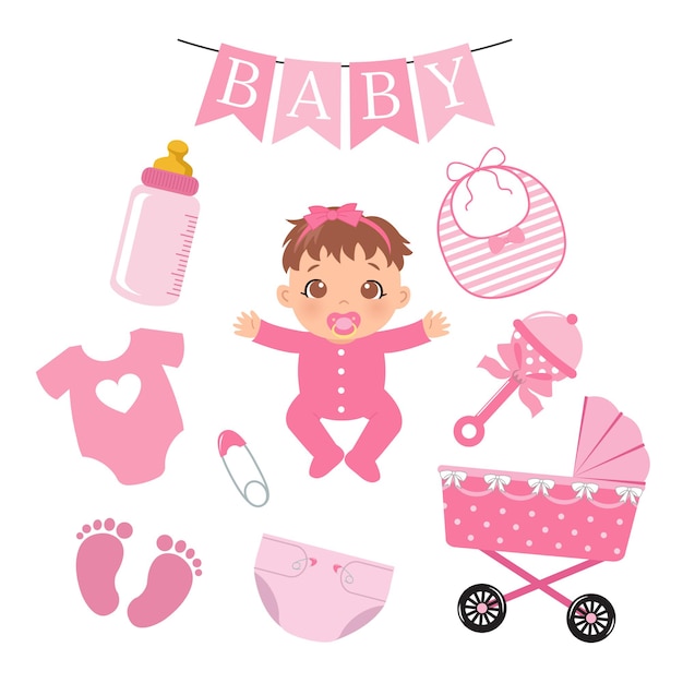 Cute baby girl elements collection Flat vector cartoon design