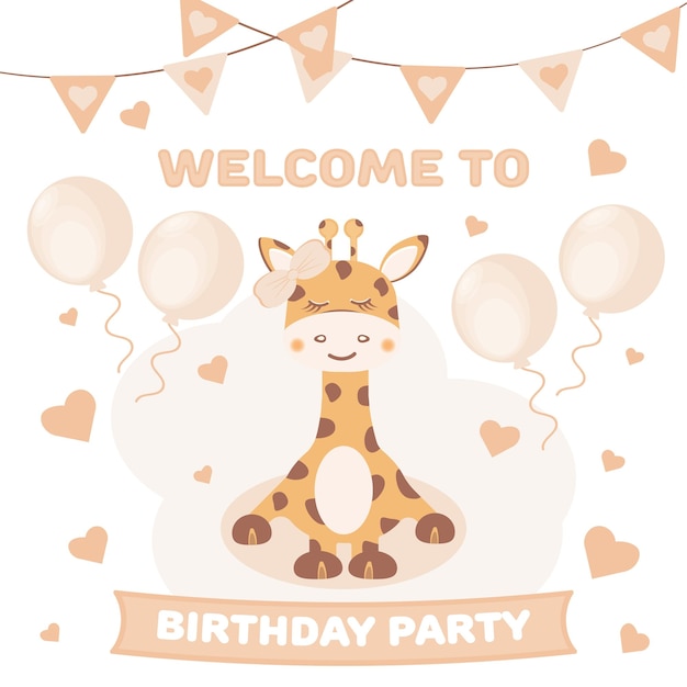 Cute baby girl giraffe. Birthday card invitation