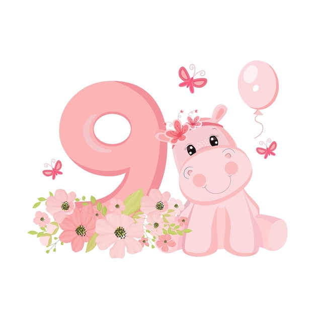 Cute baby girl hippo Birthday invitation Nine years nine months Happy birthday