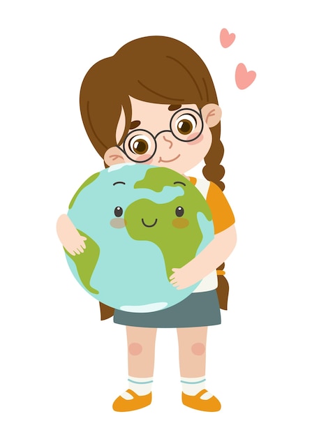 Cute baby girl hugging the earth globe