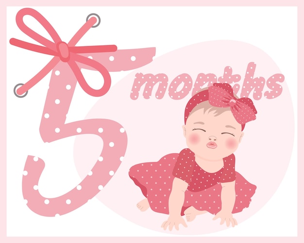 Cute baby girl in a pink dress with a bow, card for kids birthday. Illustration, print, vector