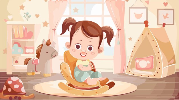 Vector cute baby girl playing with rocking horse at home