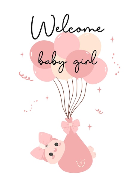 Vector cute baby girl shower invitation card with cute hand drawn balloons cartoon illustration perfect for welcoming the little one into the family