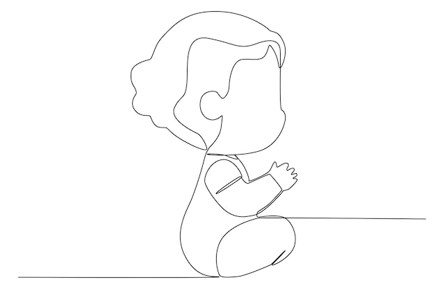 A cute baby girl sitting side view one line art