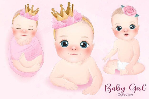 Vector cute baby girl in watercolor style collection