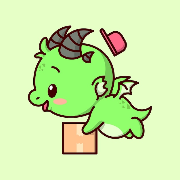 CUTE BABY GREEN DRAGON CARRYING A BOX WHILE FLYING AND THE HAT ARE COMES OFF