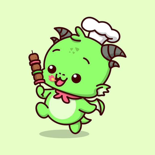 CUTE BABY GREEN DRAGON WEARING CHEF HAT AND RED SCARF BRING A STICK OF BARBEQUE MEAT