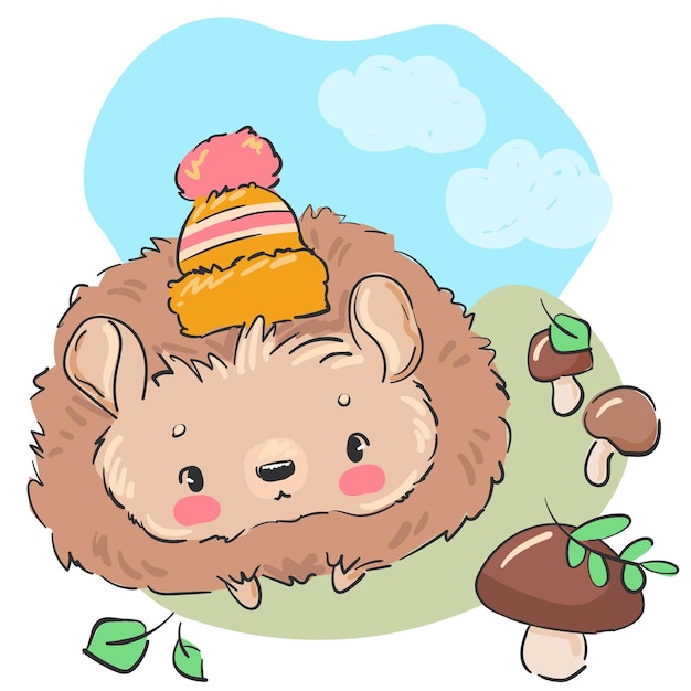 Cute baby Hedgehog in the fall hat Hand drawn Kawaii Vector illustration Woodland Kids Print Design