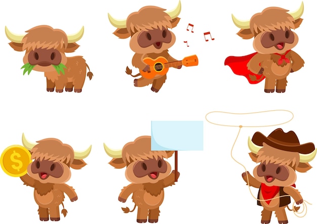 Cute Baby Highland Cow Cartoon Character Vector Flat Design Collection Set