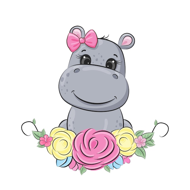 Cute baby hippo with floral wreath Vector illustration