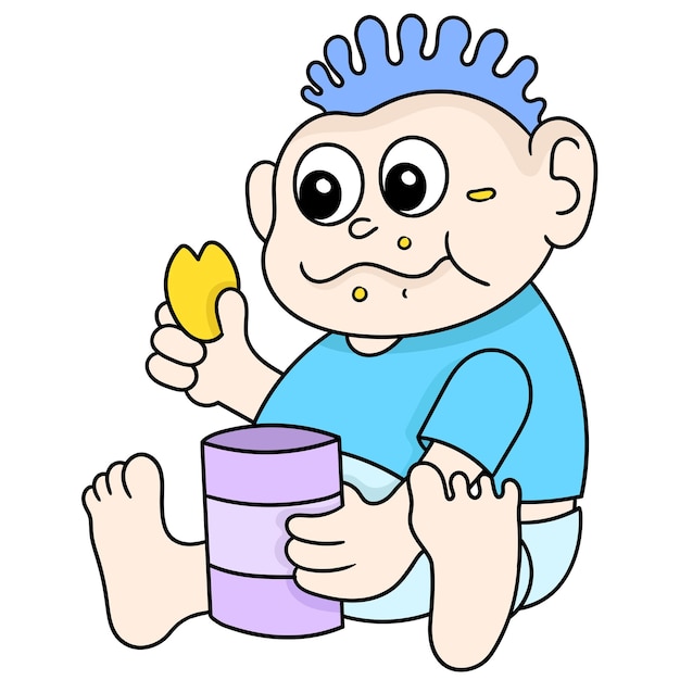 A cute baby is eating biscuits heartily, doodle icon image. cartoon caharacter cute doodle draw