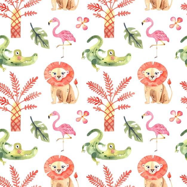 Cute baby jungle seamless pattern on white background for children