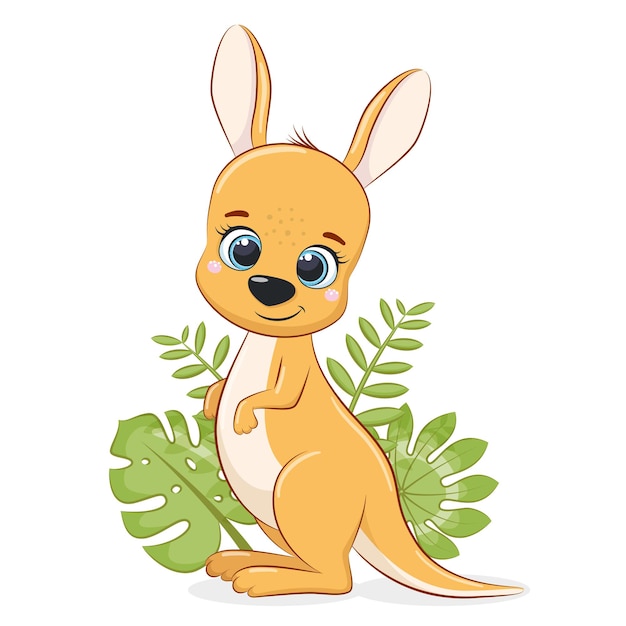 Cute baby kangaroo with tropical leaves. Vector illustration.