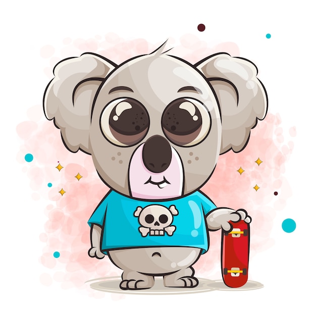 Cute baby koala cartoon character and skateboard  illustration