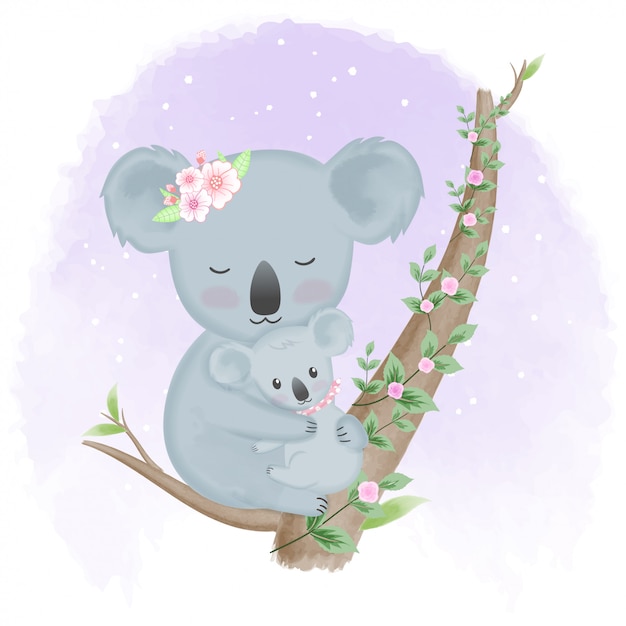 Cute baby koala and mother on the tree