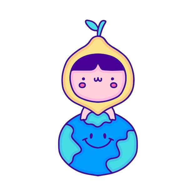 Cute baby in lemon fruit costume with earth planet doodle art, illustration for t-shirt, sticker.