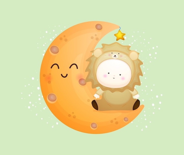 Cute baby in lion costume sit on the moon. Mascot cartoon illustration Premium Vector